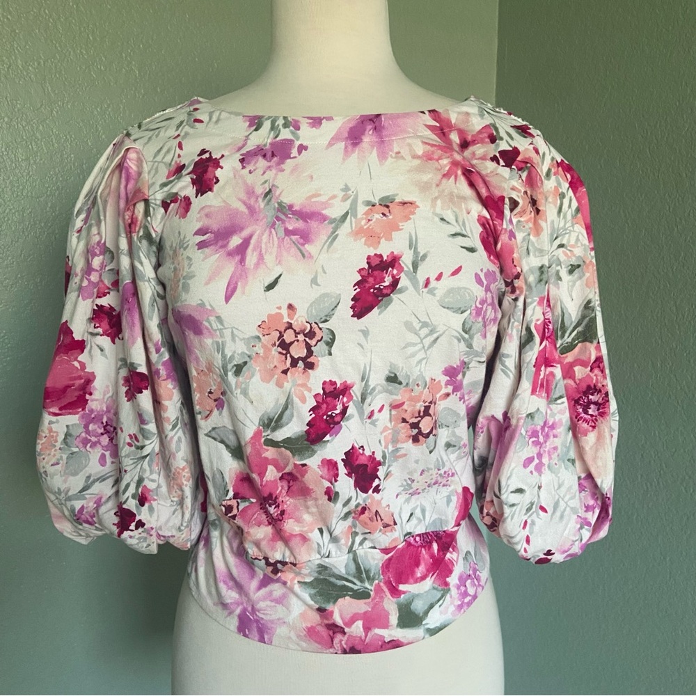 Express Floral Puff Sleeve Top with Tie Back